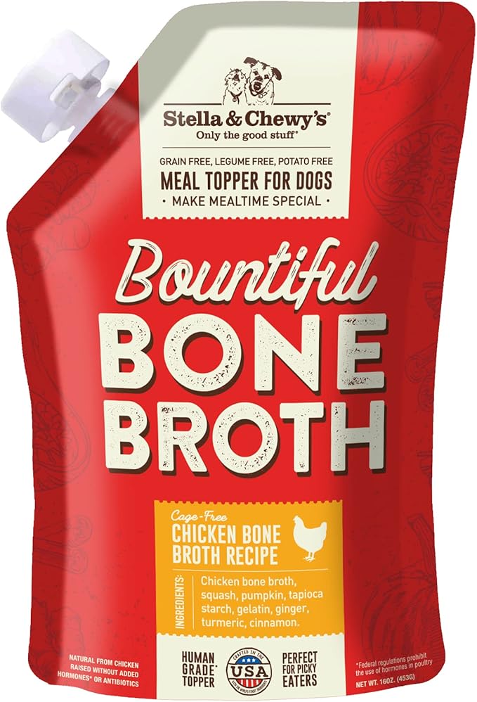 Stella & Chewy's Bountiful Bone Broth Cage-Free Chicken Recipe Meal Topper for Dogs, 16 oz. Resealable Pouch (Pack of 6)