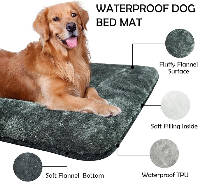 Waterproof Dog Bed Mat Soft Fluffy Reversible Dog Crate Pad for Large Medium Small Dogs and Cats, Washable Kennel Pad for Dog Sleeping, Large, Grey