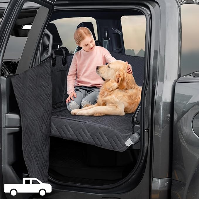 XL Dog Car Seat Cover for Trucks Dog Back Seat Extender and Bed with Strong Hard Bottom Pets Hammock for F150, RAM1500, Silverado 1500 Full Size Trucks with Storage Pockets (Black)