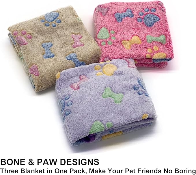 1 Pack 3 Puppy Blankets Super Soft Warm Sleep Mat Bone Print Cute Blanket Fluffy Premium Fleece Pet Blanket Flannel Throw Dog Blankets for Small Dogs Puppy Cat,Small(23"x15")