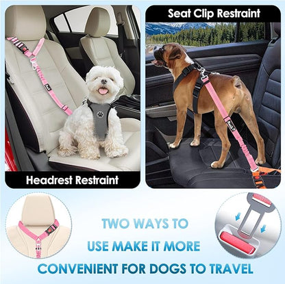 Lukovee Dog Seatbelt Leash for Cars, 2 Pack Pet Safety Car Seat Belt with Adjustable Buckle & Reflective Bungee, Connect Dog Harness in Vehicle Car Dogs Restraint Travel Daily Use (Pink)