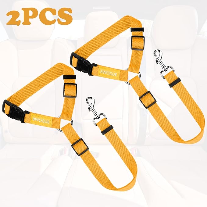 BWOGUE 2 Packs Dog Cat Safety Seat Belt Strap Car Headrest Restraint Adjustable Nylon Fabric Dog Restraints Vehicle Seatbelts Harness Yellow