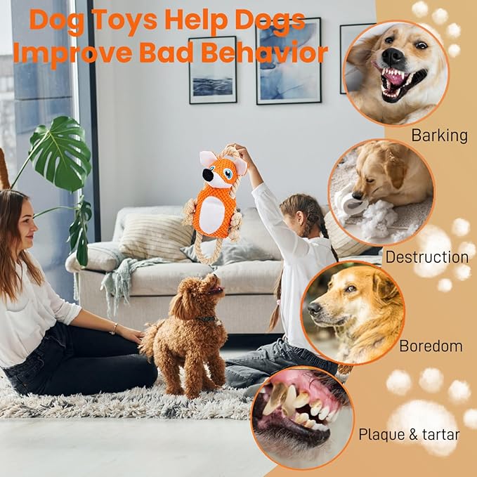 Interactive Dog Toys for Large Dogs, Plush Tug of War Dog Toy to Keep Them Busy, Squeaky Tough Dog Chew Toys for Boredom, Dog Teething Toys for Small, Medium & Large Dogs (Fox)