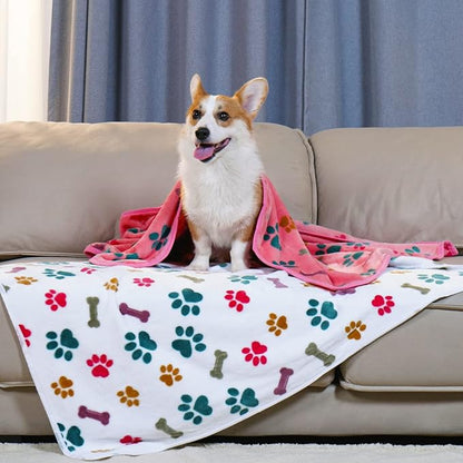 Luciphia 1 Pack 3 Blankets Fluffy Premium Fleece Pet Blanket Flannel Paw Bone Printed Throw for Dog Cat(Medium 30x20'', Purple/Pink/White)