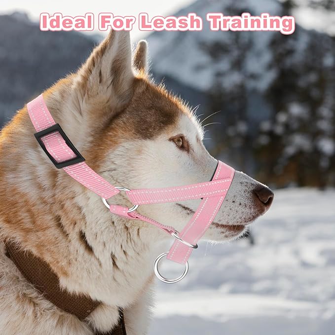 Dog Head Collar, Gentle Harness Walks with Reflective Strap to Stop Pulling for Small Medium and Large Dogs, Adjustable(L,Pink)