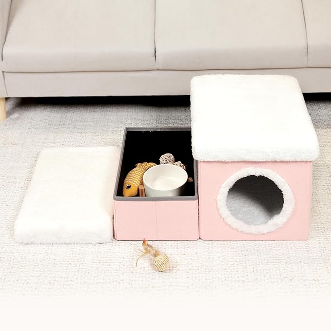 B FSOBEIIALEO Cat House with Toy Storage Box, Cat Condo Stairs for Indoor Room Bed Cat Cave, Foldable Pets beds Pet Steps Pink 15.7x12.6x12.6 inches