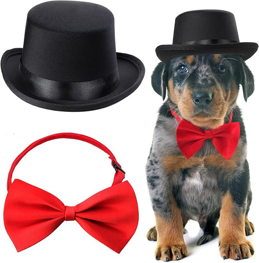 Yewong 2 Pieces Pet Formal Accessories Set - Pet Top Hat with Pet Formal Necktie/Bowtie Birthday Party Gradation Halloween Costumes Accessories for Dog Cat (Red-A) One Size