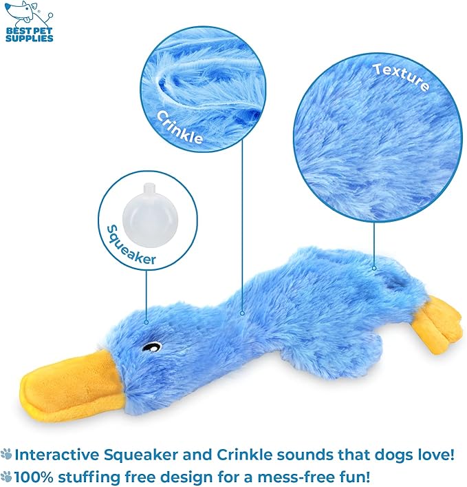 Best Pet Supplies Crinkle Dog Toy for Small, Medium, and Large Breeds, Cute No Stuffing Duck with Soft Squeaker, Fun for Indoor Puppies and Senior Pups, Plush No Mess Chew and Play - Blue