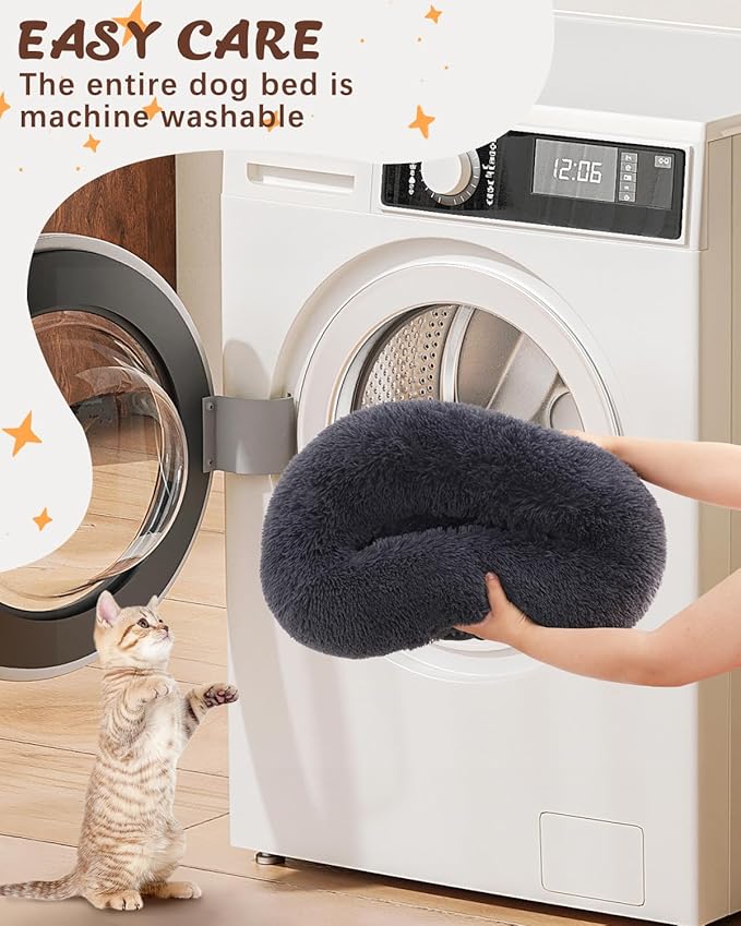 KSIIA Calming Dog Bed Anti-Anxiety Round Donut Dog Beds for Small Dogs Cat Beds for Indoor Cats Fluffy Comfort Small Dog Bed with Ultra-Soft Plush Washable Dog Bed with Non-Skid Bottom 20", Gray