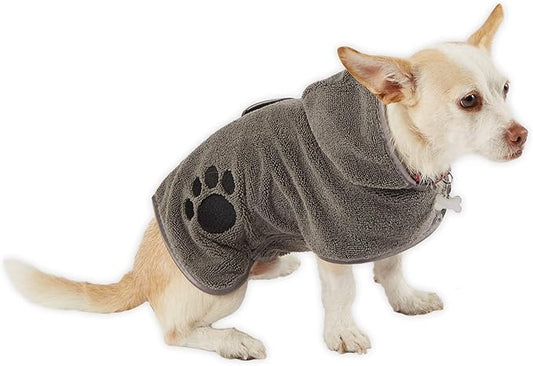 Bone Dry Pet Robe Collection, Embroidered Absorbent Microfiber Bath Robe with Adjustable Closure, for Dogs & Cats, X-Small, Gray