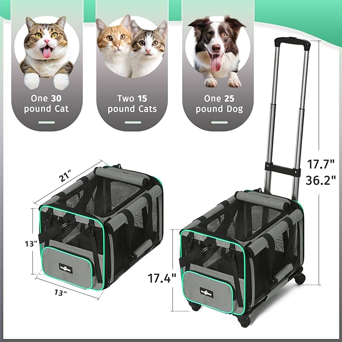 Large Cat Carrier with Wheels, Foldable Rolling Cat Carrier for 2 Cats with Wheels for Cat Dog Under 30 lbs, Cat Carrier Travel Bag with Large Pocket for Outdoor, Gray