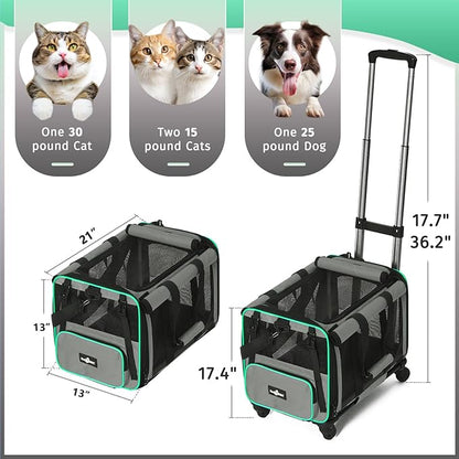 Large Cat Carrier with Wheels, Foldable Rolling Cat Carrier for 2 Cats with Wheels for Cat Dog Under 30 lbs, Cat Carrier Travel Bag with Large Pocket for Outdoor, Gray