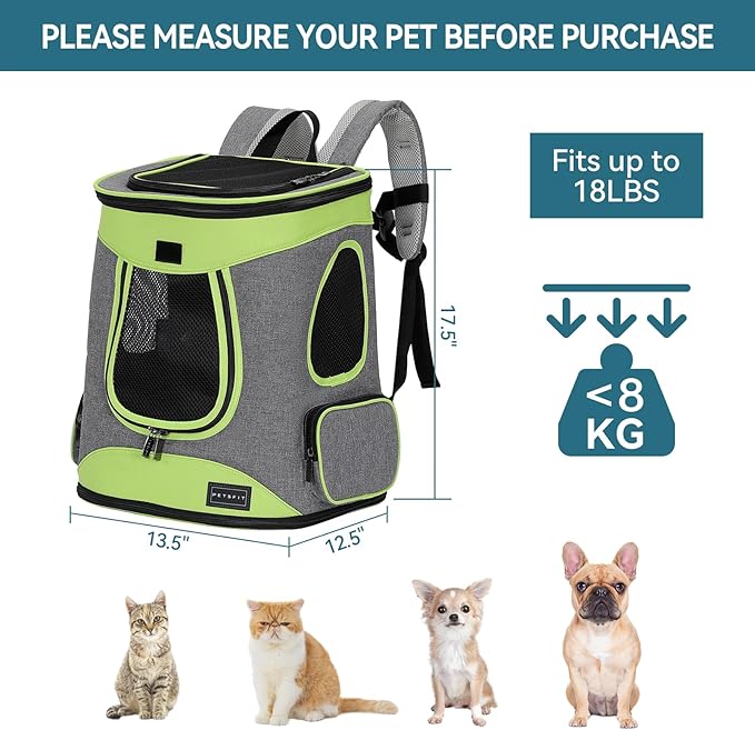 Petsfit Pet Backpack Carrier Easy-Fit Dog Travel Backpack Carrier for Hiking Walking Cycling Suitable for Small Medium Dogs Cats and Rabbits up to 22 Pounds, Green