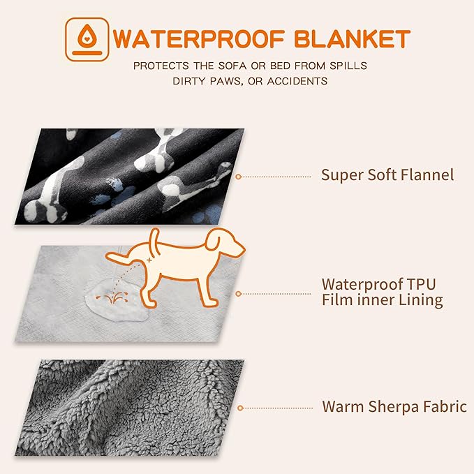 Waterproof Dog Blankets Pet Blanket 50"x60", Soft Fluffy Sofa Car Bed Protector, Reversible Sherpa Fleece Dog Blanket for Large Dogs (Navy Paws)