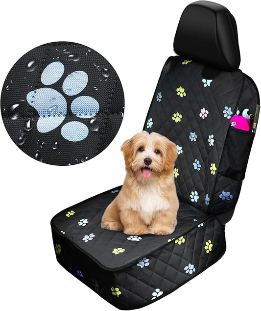 Riakrum Dog Car Seat Cover for Front Durable Colored Paw Prints Waterproof Protector Against Dirt Scratch Proof Non Slip Padded Quilted Front Seat Covers for Dog for Cars