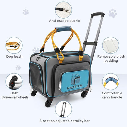 Airline Approved Cat Dog Carrier with Wheels, Pet Travel Carrier Crate for Small Dogs, Soft Cat Carrier Two Sided Expandable for Medium Dogs Under 25LBS (18 x 11 x 11 Inches)