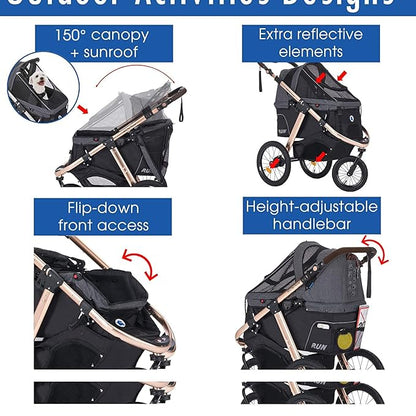 HPZ Pet Rover Run Performance Jogging Sports Stroller with Comfort Rubber Wheels/Zipper-Less Entry/1-Hand Quick Fold/Aluminum Frame for Small/Medium Dogs