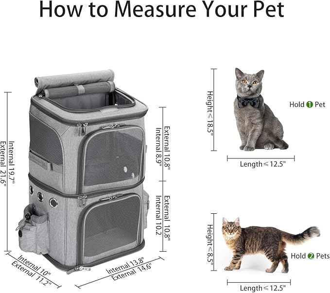 Double-Compartment Pet Carrier Backpack for Small Cats and Dogs, Cat Travel Carrier for 2 Cats, Perfect for Traveling/Hiking/Camping, Grey