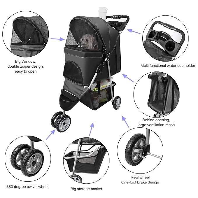 Pet Strollers for Small Medium Dogs & Cats 3-Wheel Dog