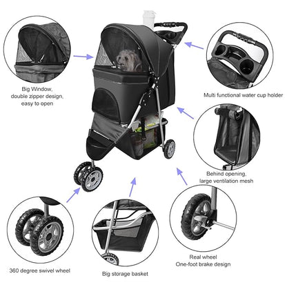 Pet Strollers for Small Medium Dogs & Cats 3-Wheel Dog