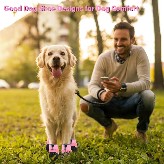 Dog Shoes, Outdoor Dog Boots Non-Slip Waterproof Dog Booties for Medium to Large Dogs 4Pcs for Winter Snowy Day, Summer Hot Pavement with Rugged Sole Pink