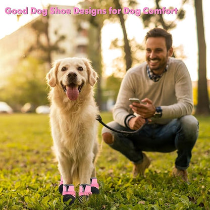 Dog Shoes, Outdoor Dog Boots Non-Slip Waterproof Dog Booties for Medium to Large Dogs 4Pcs for Winter Snowy Day, Summer Hot Pavement with Rugged Sole Pink
