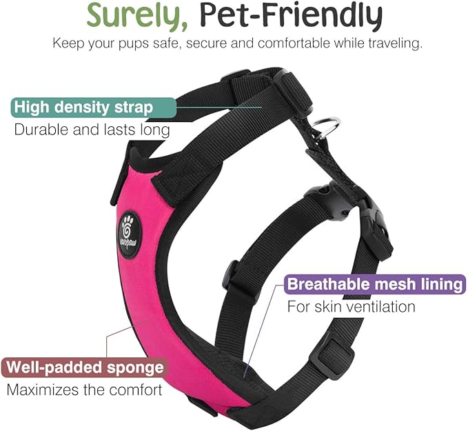 Dog Vehicle Safety Vest Harness, Adjustable Soft Padded Mesh Car Seat Belt Leash Harness with Travel Strap and Carabiner for Most Cars, Large Size, Magenta