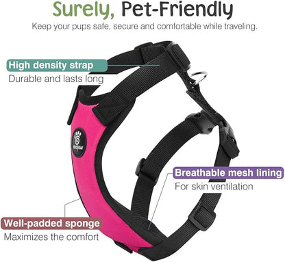 Dog Vehicle Safety Vest Harness, Adjustable Soft Padded Mesh Car Seat Belt Leash Harness with Travel Strap and Carabiner for Most Cars, Large Size, Magenta