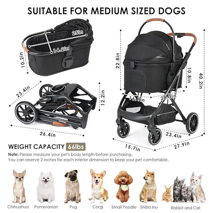 T6 Luxury Pet Stroller for Medium Dog Under 66lbs or 2 Small Dogs & Cats