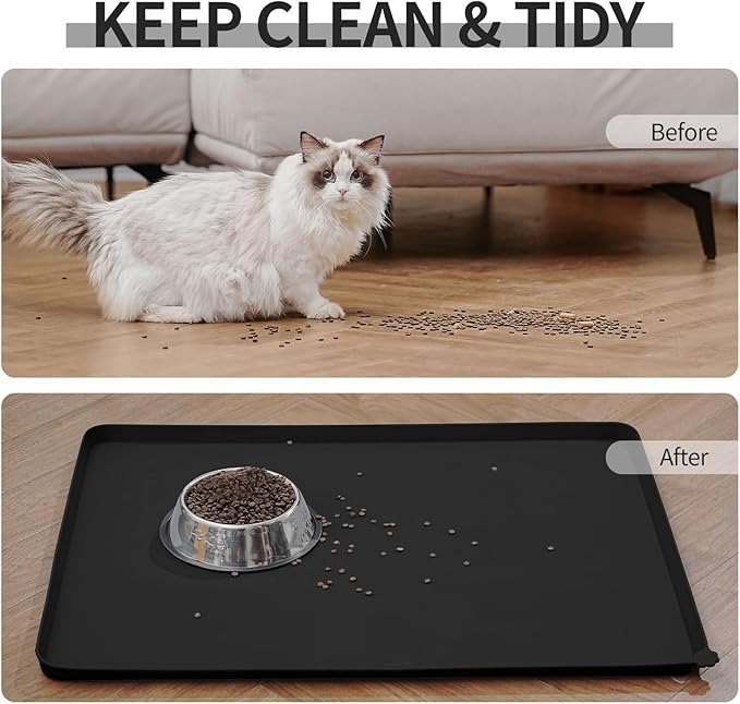 Reopet Waterproof Pet Feeding Mat with High Raised Edges, Heavier and Thicker Placemats for Cat Dog Water Bowl, BPA Free Silicone Feeding Mat, Dog Cat Feeding Mats for Food and Water Prevent Spill