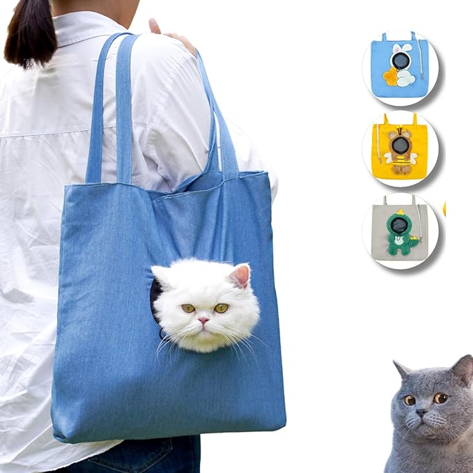 Cat Out Bag, Cute Cozy Cartoon Hands Free Show Head Cat Sling Carrier, Cat Restrainer Shoulder Bag for Outdoor Travel (Denim, Medium)