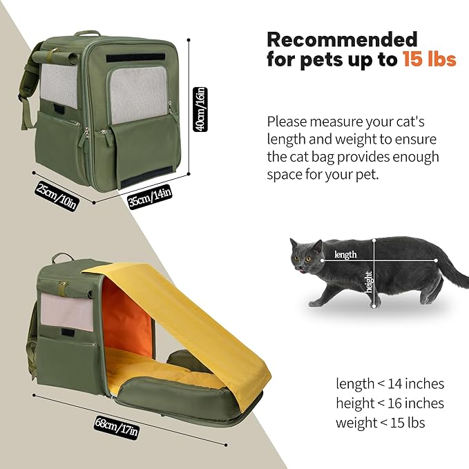 Tall & Expandable Cat Carrier Backpack - 14x10x16 Inches, Expands to 27 Inches, Pet Travel Carrier with Detachable & Washable Cushion, Green