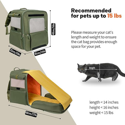 Tall & Expandable Cat Carrier Backpack - 14x10x16 Inches, Expands to 27 Inches, Pet Travel Carrier with Detachable & Washable Cushion, Green