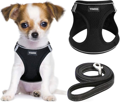 YIMEIS Dog Harness and Leash Set, No Pull Soft Mesh Pet Harness, Reflective Adjustable Puppy Vest for Small Dogs, Cats (S, Black)