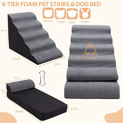 30 inch Foam Pet Stairs for High Beds, Extra Wide 6 Tier Dog Stairs/Steps for High Beds up to 36 Inches High, Non-Slip Dog Ramps for Small Dogs, Injured Pets, and Small Animals, Dark Grey