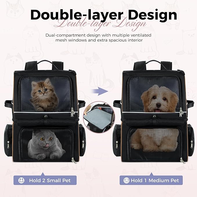 Lekebobor Cat Backpack Carrier for 2 Cats, Double-Compartment Pet Carrier Backpack for Two Small Cats or One Medium Dogs, Cats Carrier Backpack Dog Carrier Backpack Fits Up to 24 Lbs,Quilted Black