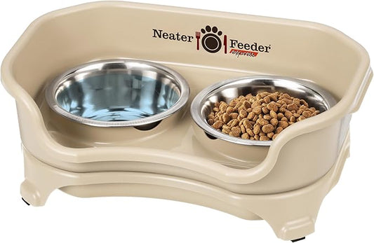 Neater Feeder - Express Model - Mess-Proof Cat Bowls (Cat, Almond) – Made in USA – Elevated, No Spill, Non-Tip, Non-Slip, Raised Stainless Steel Food & Water Pet Bowls