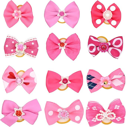 12 Pcs Small Dog Hair Bows with Rubber Bands Bowknot Dog Hair Accessories for Puppy Kitten (Pink)