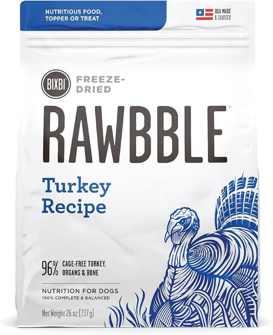 BIXBI Rawbble Freeze Dried Dog Food, Turkey Recipe, 26 oz - 96% Meat and Organs, No Fillers - Pantry-Friendly Raw Dog Food for Meal, Treat or Food Topper - USA Made in Small Batches