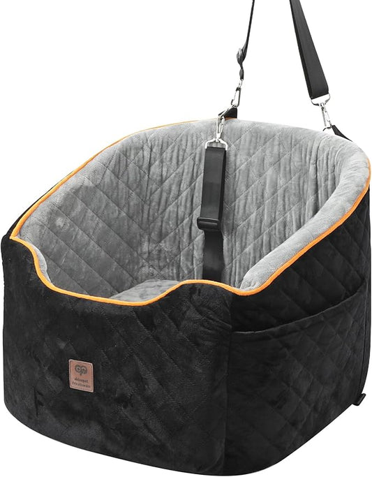 Aidou Dog Car Seat for Small Medium Dogs，Memory Foam Dog Booster Seat with Adjustable Seatbelt,Pet Travel Seat Easy to Assemble Washable,Dog Bed with 2 Rope and Storage Pocket (Black-Grey, Medium)