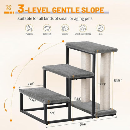 Snughome Dog Stairs & Cat Scratching Post for High Beds Couch 40 lbs 3-Step Stairs-Grey