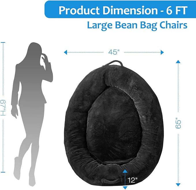 WhatsBedding Large Human Dog Bed 72"x48"x10" Human Size Dog Bed for People Adults,Soft Fur Oval Nap Beanbag Bed for Adults and Pets with Soft Fur Cover, Black