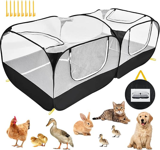 Jhua Pet Playpen for Small Animals, Portable Chicken Run with Detachable Bottom and Cover, Foldable Chicken Coop Indoor Outdoor Pet Pen with Transparent Mesh Walls for Chicken Duck Puppy Cat Rabbit