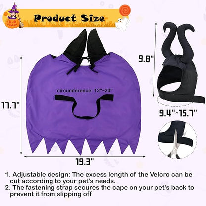 Dog Halloween Witch Costume Dog Wizard Cape Cat Vampire Devil Horns Hat Headwear Pet Halloween Cloak Outfit for Small Middle-Sized Dog