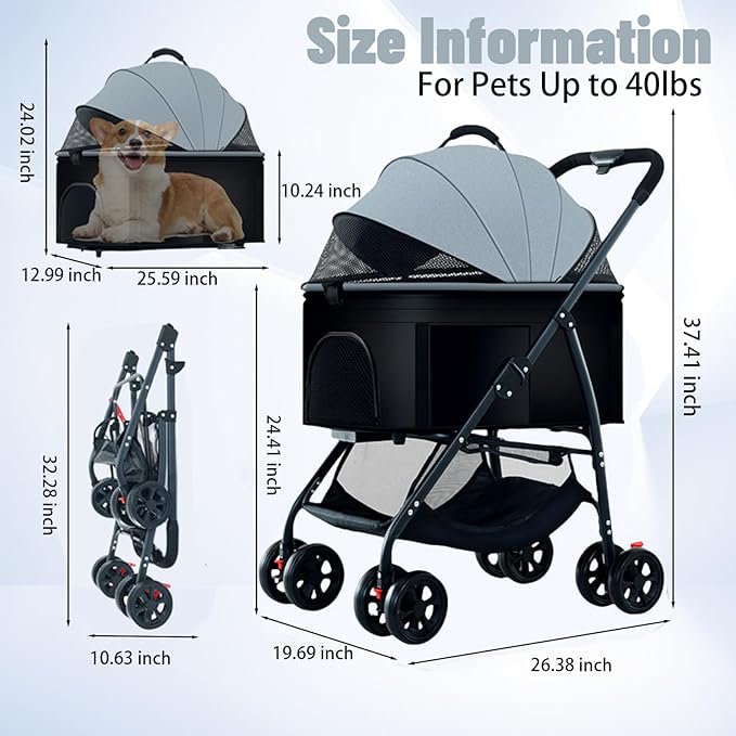 3-in-1 Pet Dog Stroller 55lbs, Dog
