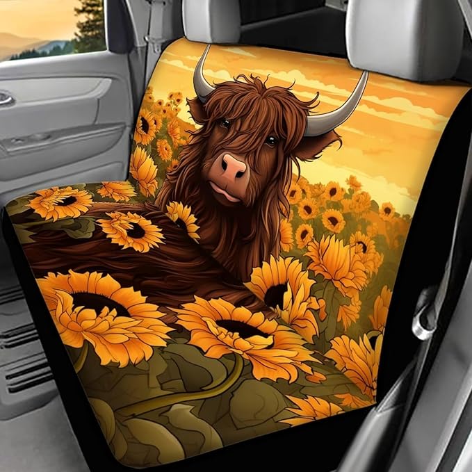 WELLFLYHOM Highland Cow Car Seat Cover for Cars 2 Pack