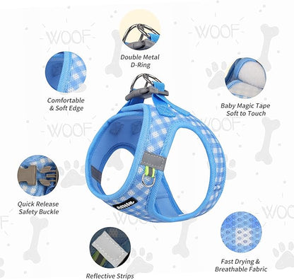 AIITLE Adjustable Dog Harness and Leash Set, Step in No Pull Pet Harness, Soft Mesh Reflective Plaid Vest Harnesses for Small Dogs Puppy and House Cats Outdoor Walking Running Blue XS