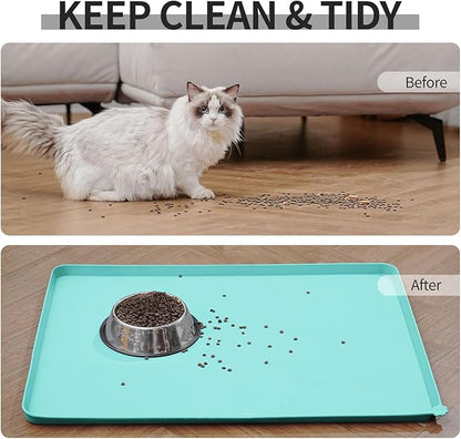 Reopet Waterproof Pet Feeding Mat with High Raised Edges, Heavier and Thicker Placemats for Cat Dog Water Bowl, BPA Free Silicone Feeding Mat, Dog Cat Feeding Mats for Food and Water Prevent Spill