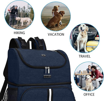 BAGLHER Pet Travel Bag, Double-Layer Pet Supplies Backpack (for All Pet Travel Supplies), Pet Travel Backpack with 2 Silicone Collapsible Bowls and 2 Food Baskets Dark Blue