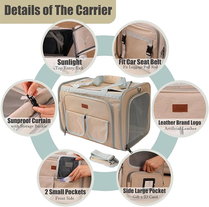 HSC PET Small Dog Carrier Cat Bag,Expandable Soft Travel Handbag for Large Kitty/Puppy/Kittens Sturdy Transport Trip Totes,MAX 25lb,Airline Approved(Khaki,2Sides Expandable)